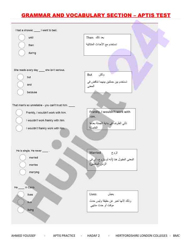 Grammar and vocabulary section for aptis test