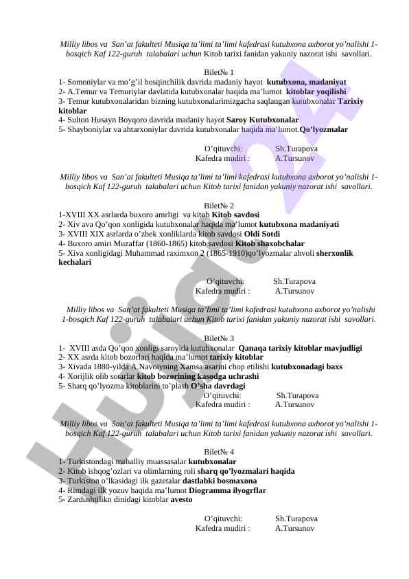 Kitob tarixi fanidan yakuniy nazorat savollari