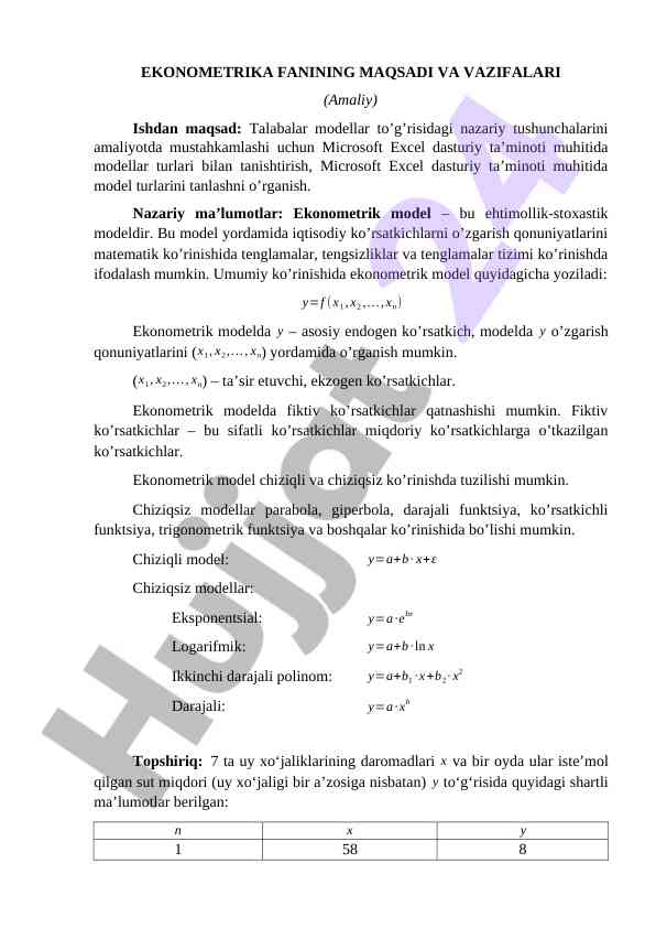 EKONOMETRIKA FANINING MAQSADI VA VAZIFALARI