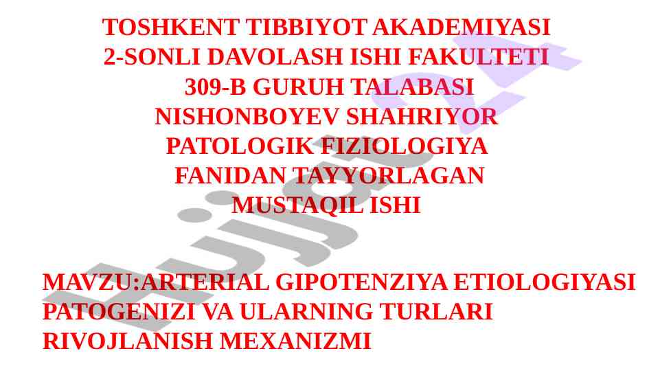 Arterial gipotenziya etiologiyasi va patogenezi