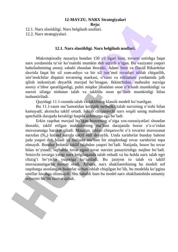 Narx strategiyalari va elastiklik o'rganilishi