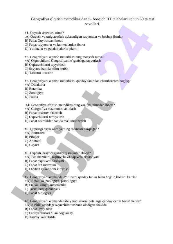 Geografiya o`qitish metodikasi bo'yicha test savollari