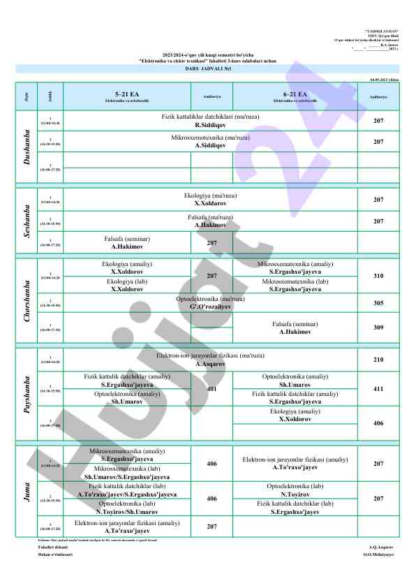 Elektronika va asbobsozlik kursi dars jadvali