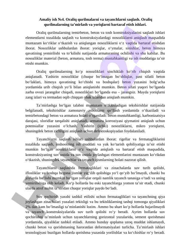 Oraliq qurilmalarni saqlash ishlari tahlili