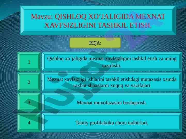 Qishloq xo’jaligida mexnat xavfsizligini tashkil etish