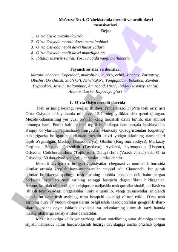 O‘zbekistonda mezolit va neolit davri xususiyatlari