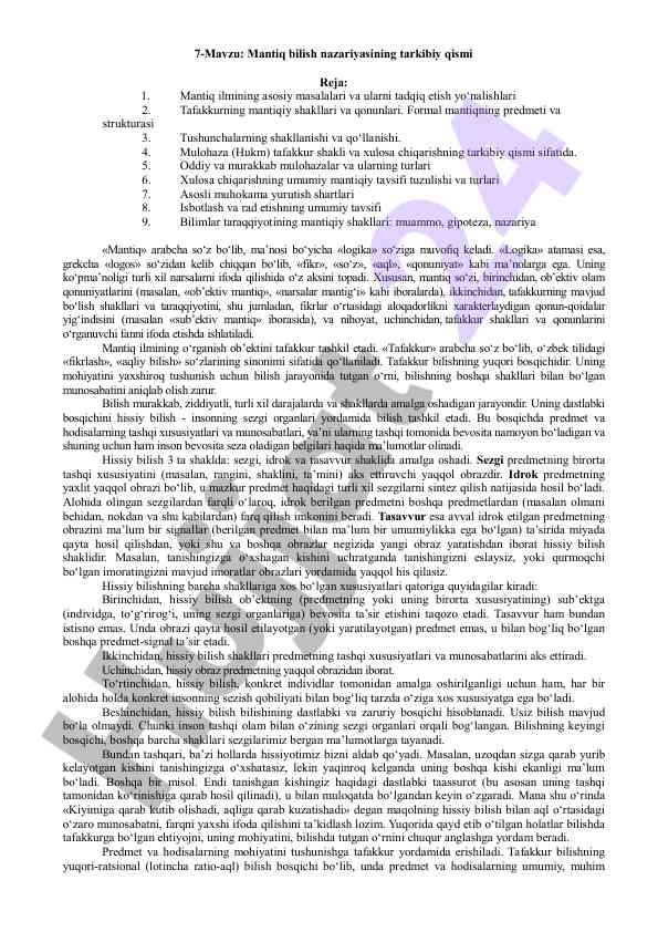 Mantiq bilish nazariyasi asoslari va shakllari