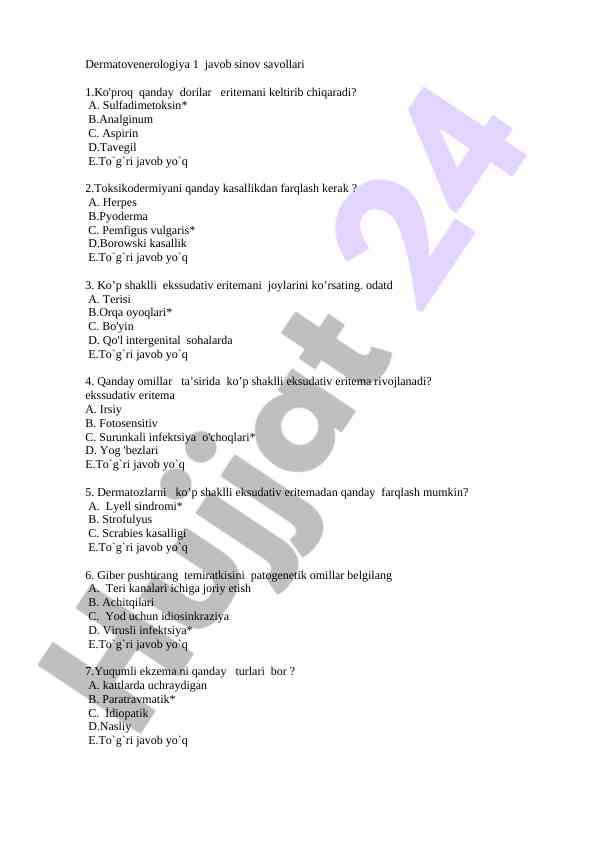 Dermatovenerologiya javob sinov savollari