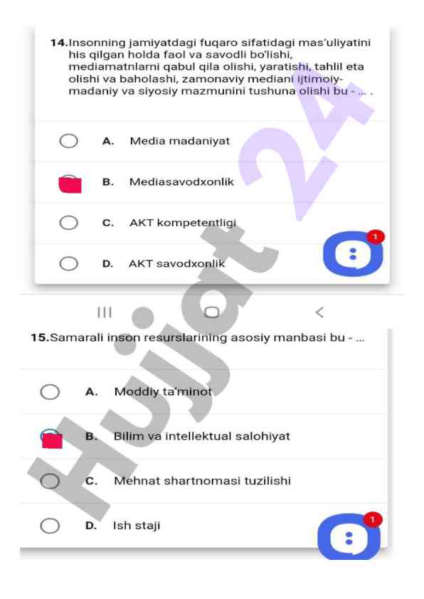 O'rinli testlar va javoblar