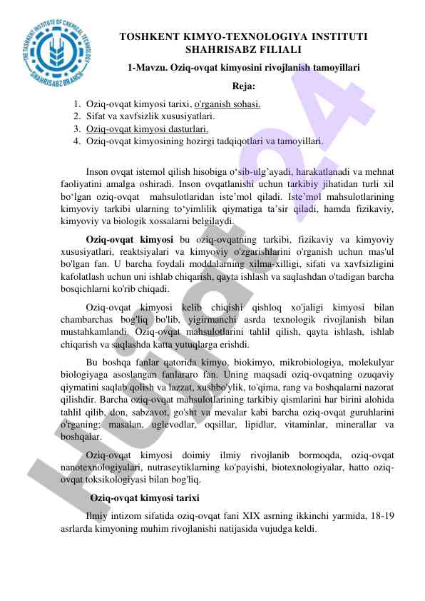 Oziq-ovqat kimyosining rivojlanish tamoyillari