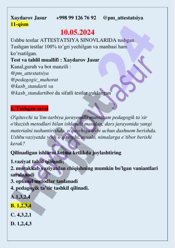 Attestatsiya sinovlariga tayyorlov testlari