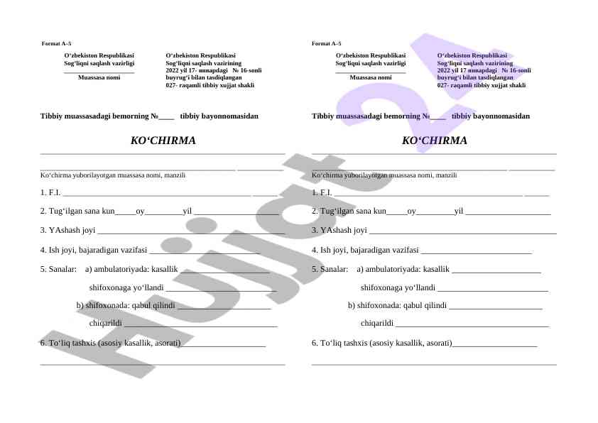 Tibbiy bayonnoma ko'chirmasi toshkent tibbiyoti