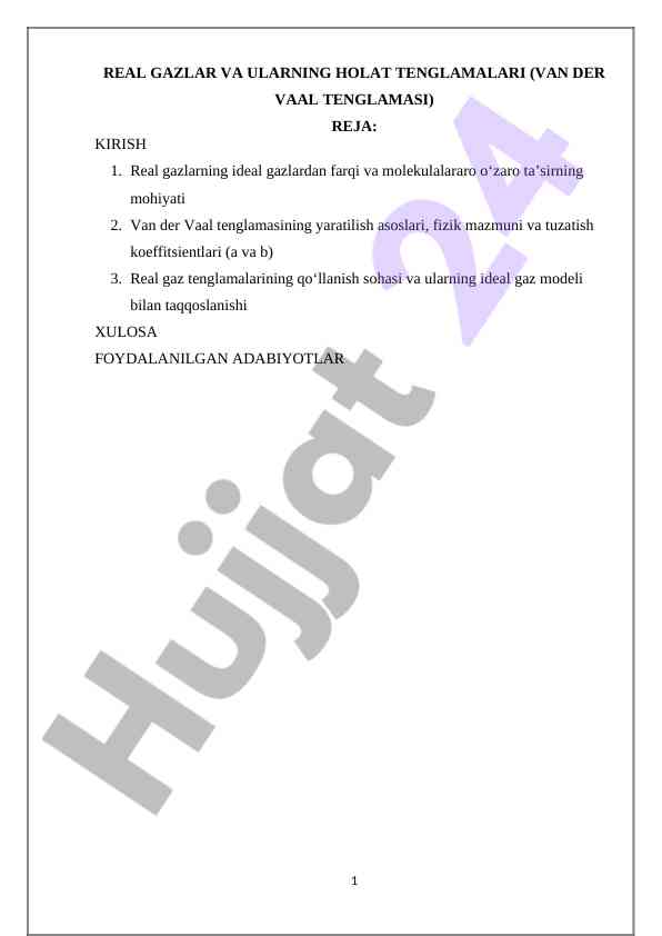 Real gazlar va ularning holat tenglamalari o‘rganish