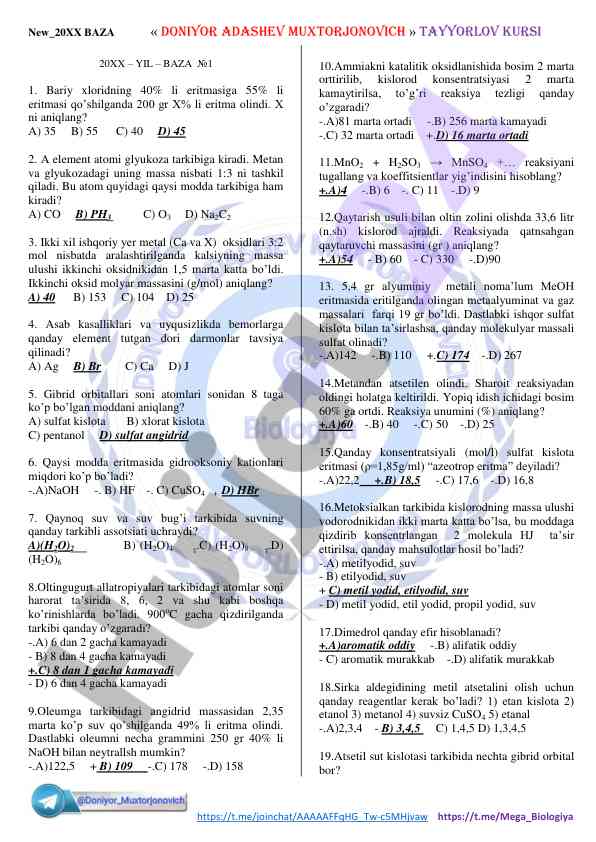 Kimyo tayyorlov kursi test savollari