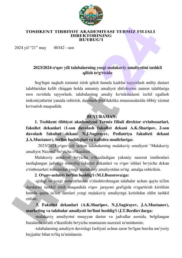 Yozgi malakaviy amaliyot tashkil qilish bo‘yicha buyruq