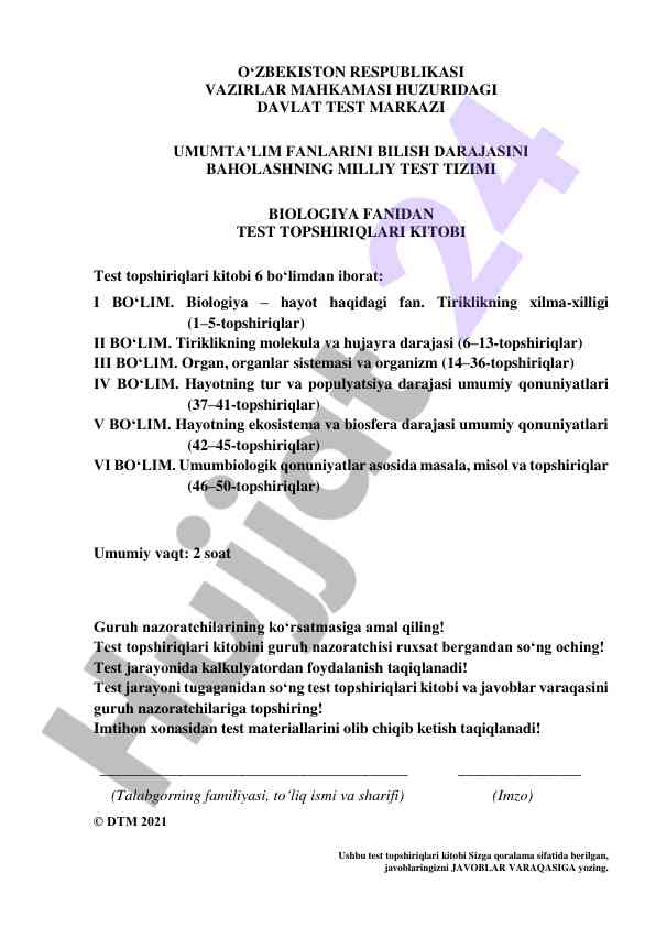 Biologiya fanidan test topshiriqlari kitobi