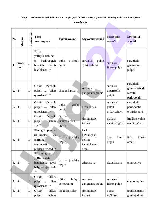 Klinik endodontiya fanidan test savollari
