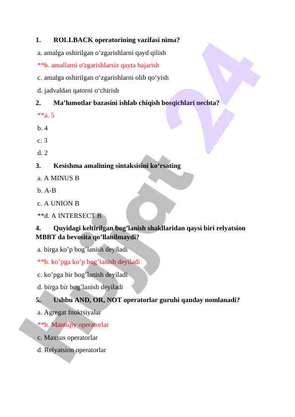 Ma'lumotlar bazasi va relyatsion operatorlar testi