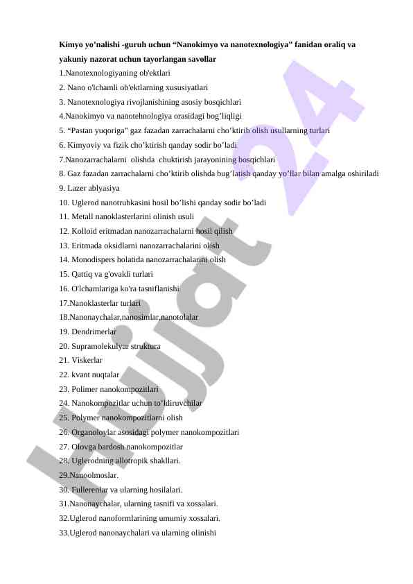 Nanokimyo Va Nanotexnologiya Fanidan Savollar