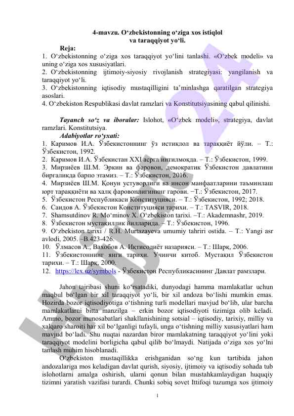 O‘zbekistonning o‘ziga xos istiqlol va taraqqiyot yo‘li