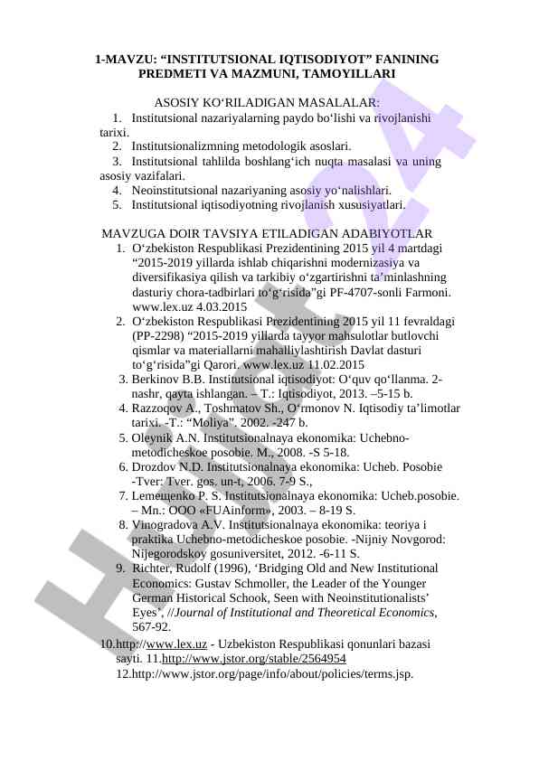 Institutsional iqtisodiyot fanining asosiy tamoyillari