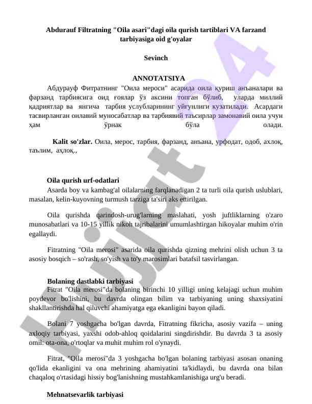 Oila qurish tartiblari va farzand tarbiyasi g'oyalari