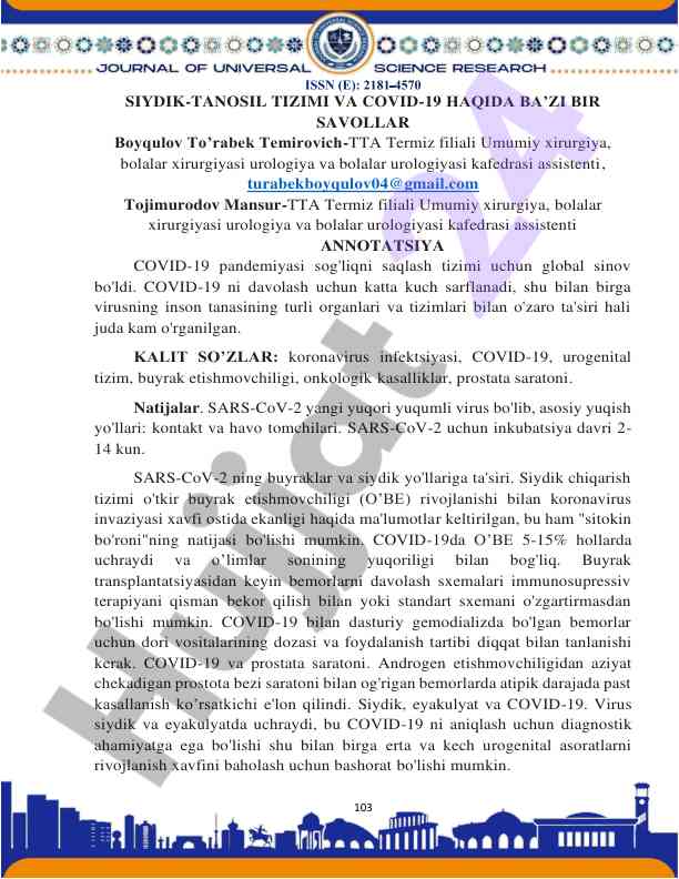 Siydik-tanosil tizimi va covid-19 ta'siri
