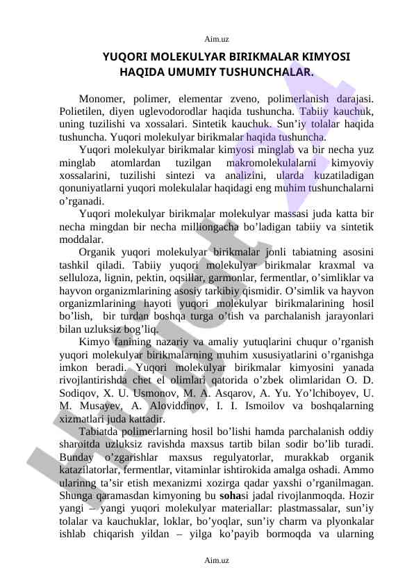 Yuqori molekulyar birikmalar kimyosi tushunchalari