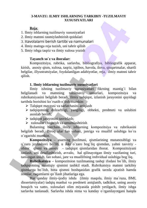 Ilmiy ishlarning tuzilmaviy xususiyatlari va qoidalari