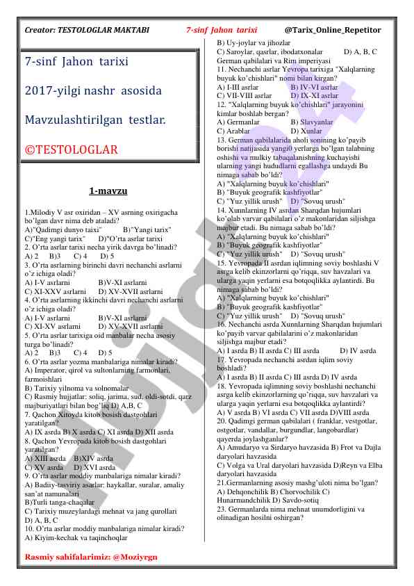O‘rta asrlar tarixiga oid testlar taqdimoti