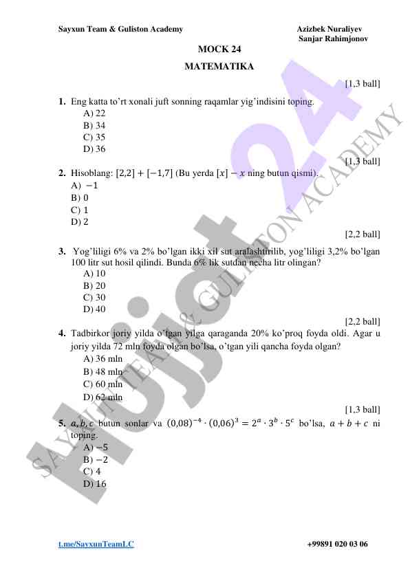 Matematika test savollari va hisoblashlar