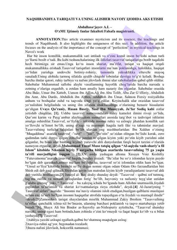Naqshbandiya tariqati va alisher navoiyning komilligi