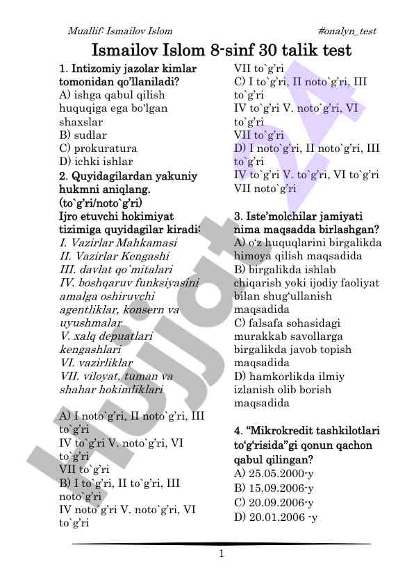 8-sinf intizomiy jazolar va ijk hududi testi