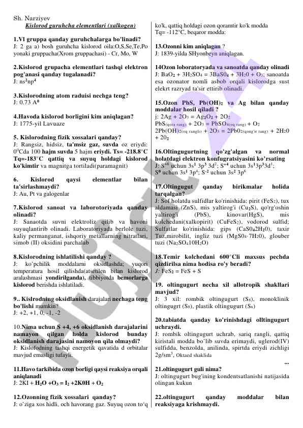 Kislorod guruhcha elementlari tahlili va xossalari