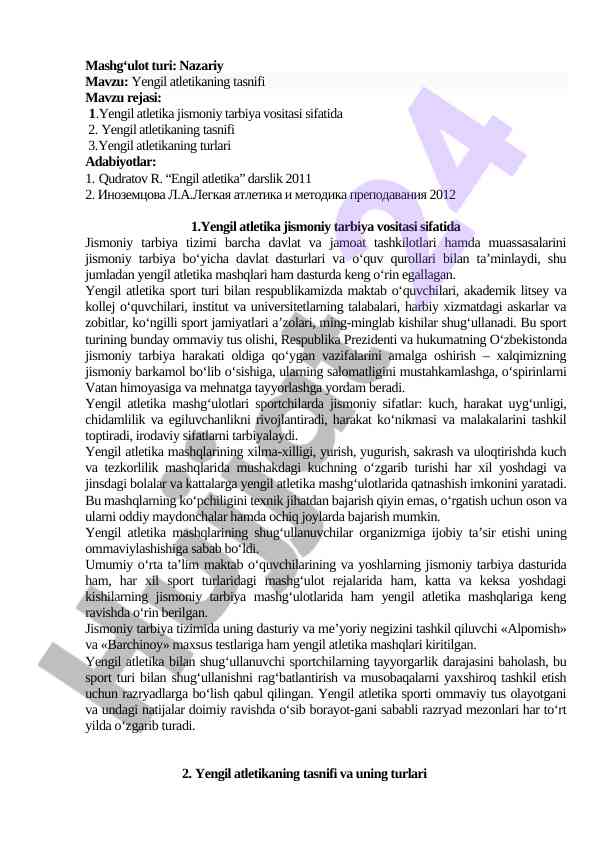 Yengil atletikaning tasnifi va jismoniy tarbiya
