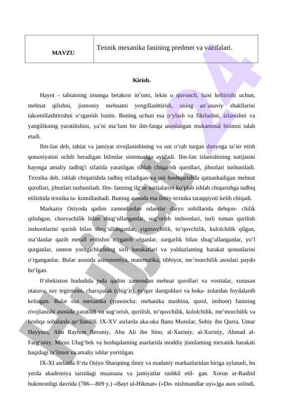 Texnik mexanika fanining predmeti va vazifalari