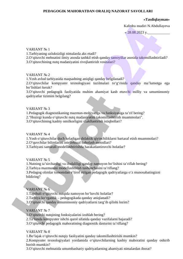 Pedagogik mahoratga oid nazorat savollari