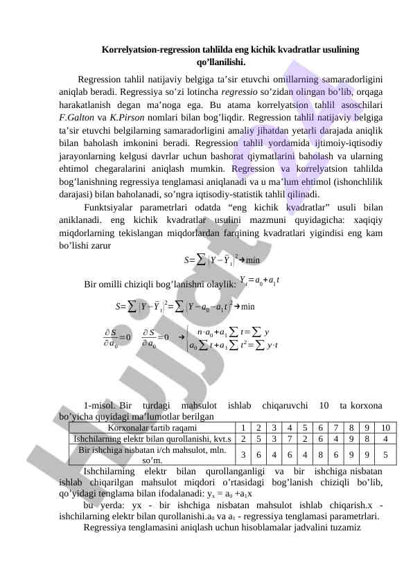 Korrelyatsion-regression tahlilida eng kichik kvadratlar usuli