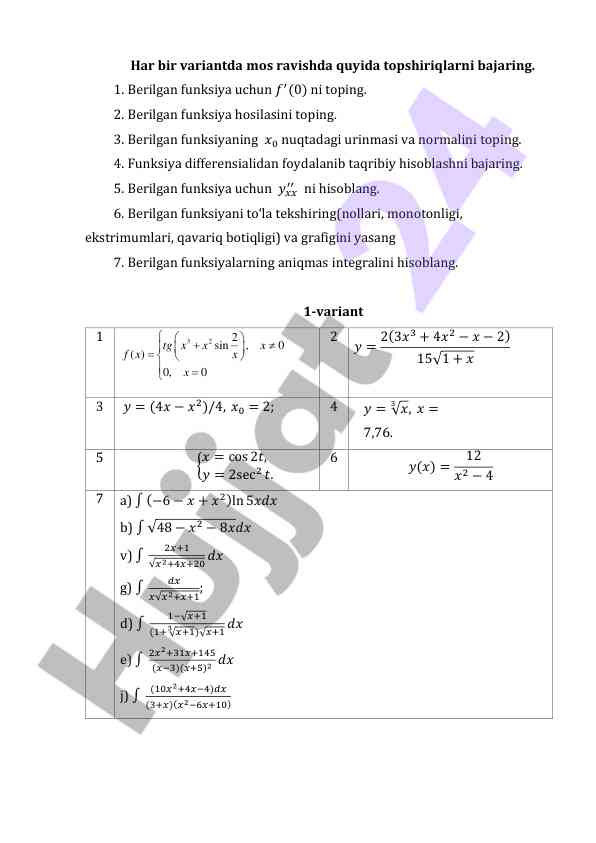 Matematika funksiyalarini hisoblash ushbu topsiriqlar