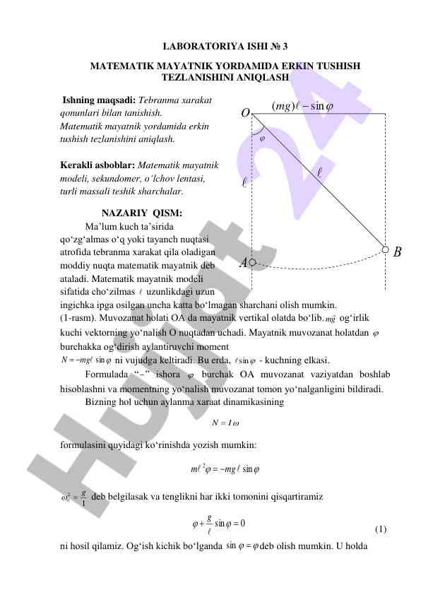 Matematik mayatnik bilan erkin tushish tezlanishini aniqlash