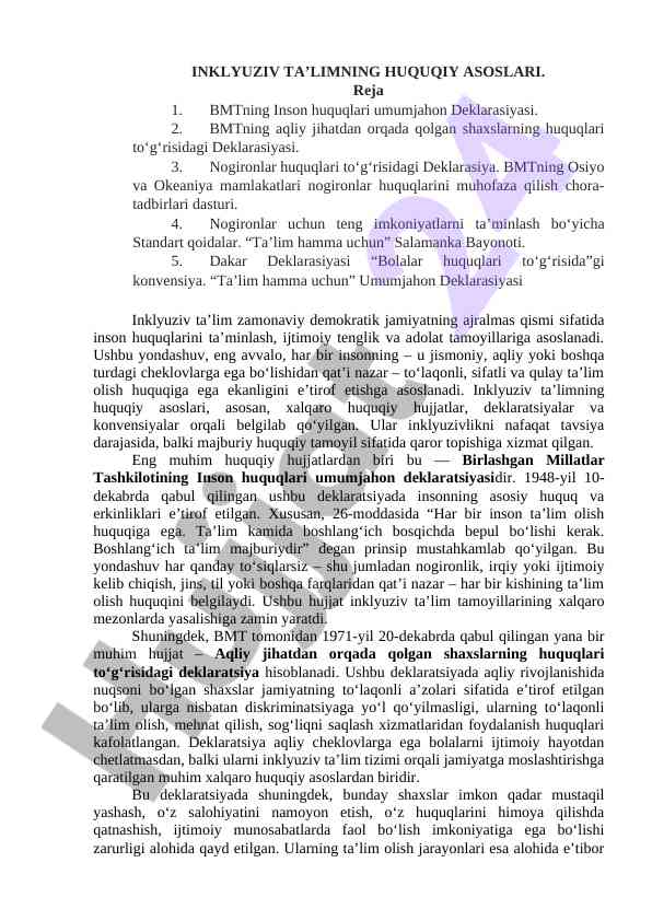 Inklyuziv ta’limning huquqiy asoslari