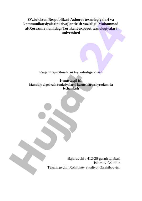 Kiruvchi mustaqil ish mantiqiy algebraik funksiyalar