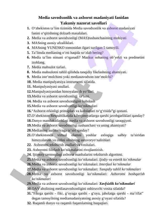 Media Savodxonlik Va Axborot Madaniyati Savollari