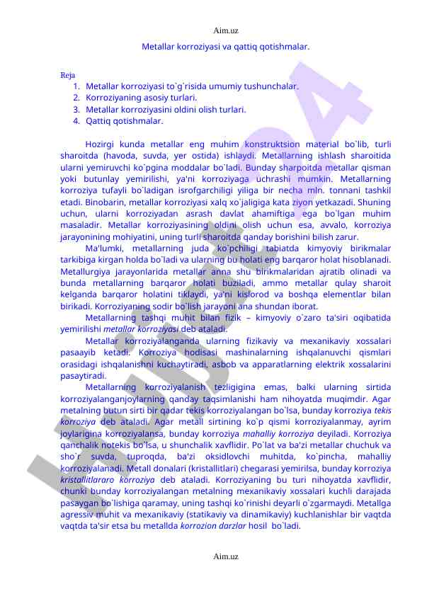 Metallar korroziyasi va qattiq qotishmalar
