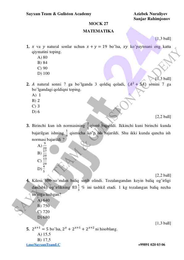 Matematika test savollari va muammolari