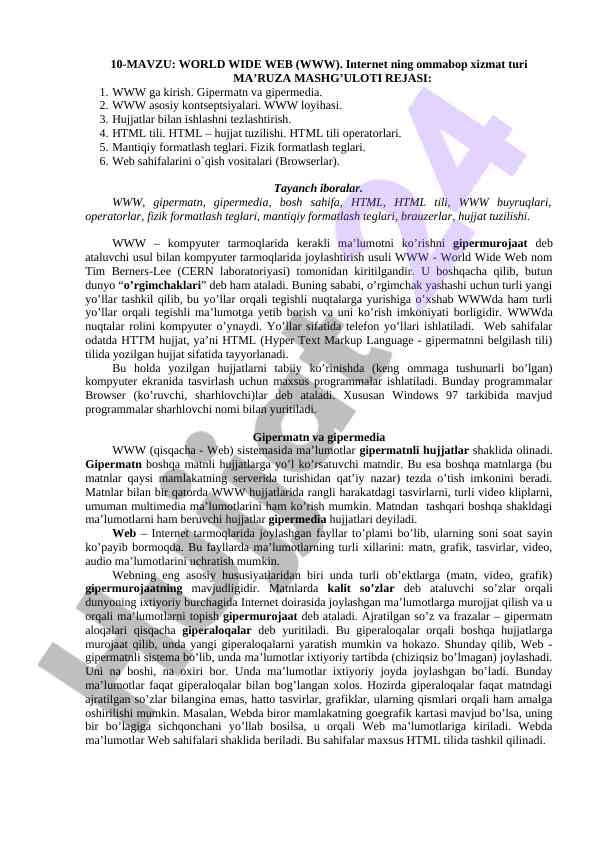 Www va internet xizmatlari haqida ma'ruza mashg'uloti