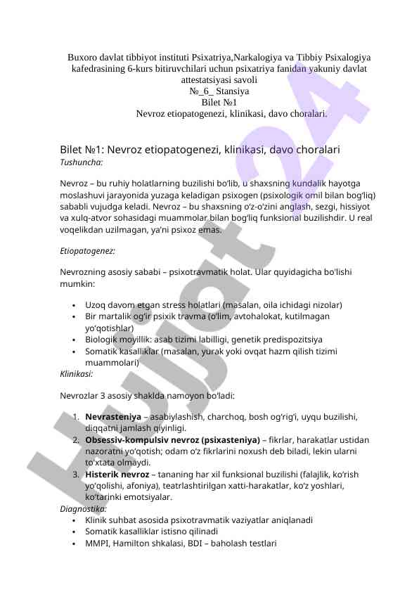 Nevroz etiopatogenezi va klinikasi bo‘yicha savollar
