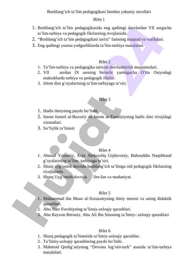 Boshlang‘ich ta’lim pedagogikasi fanidan savollar