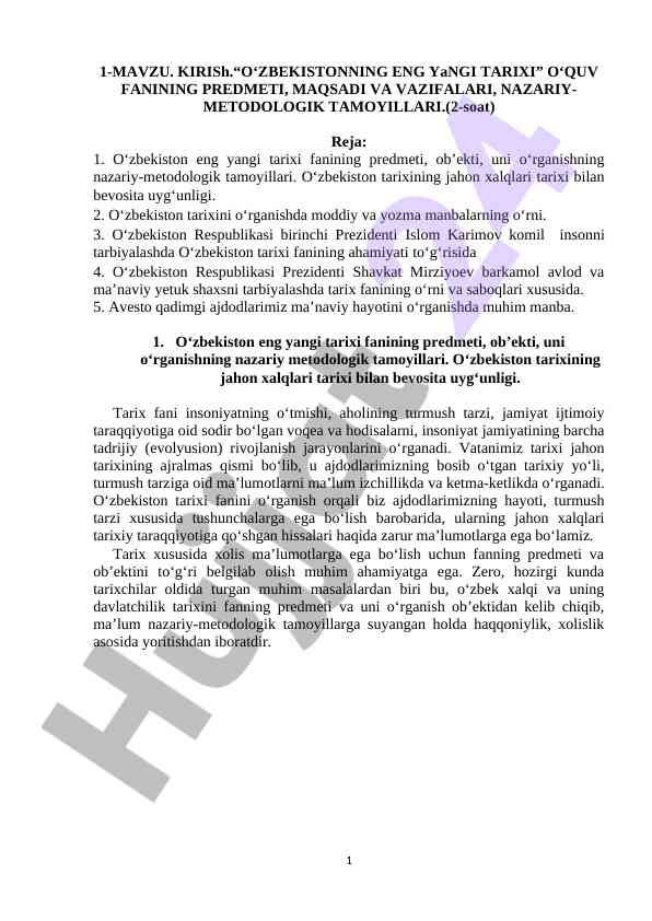 O‘zbekistonning eng yangi tarixi o‘quv fanining maqsadi