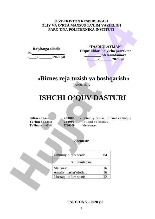 Biznes reja tuzish va boshqarish dars ishlanmasi